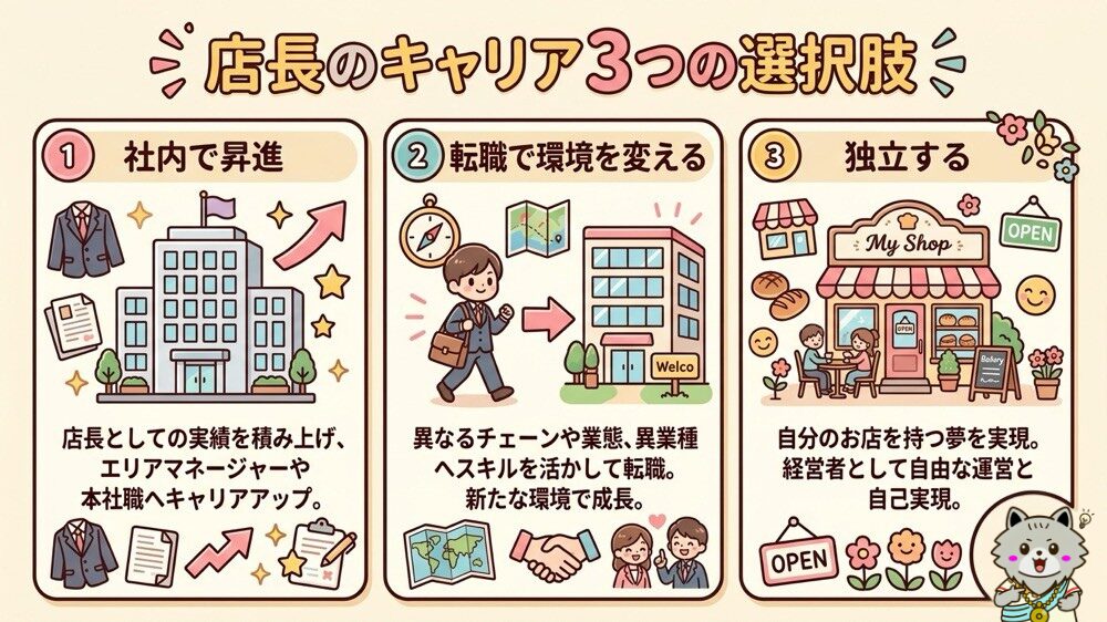 飲食店の店長のキャリア3つの選択肢｜社内昇進・転職・独立の比較図
